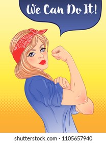 We can do it! Design inspired by classic vintage feminist poster.  Woman empowerment. Vector Illustration in cartoon style. Blonde girl with her fist raised up. International women day concept.