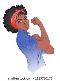 We can do it! Design inspired by classic feminist poster.  Woman empowerment. Vector Illustration in cartoon style. African American girl with her fist raised up. International women day concept.