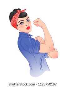 We can do it! Design inspired by classic vintage feminist poster.  Woman empowerment. Vector Illustration in cartoon style. Brunette girl with her fist raised up. International women day concept.