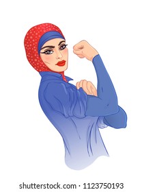 We Can Do It! Design Inspired By Classic Vintage Feminist Poster.  Woman Empowerment. Vector Illustration In Cartoon Style. Muslim Hijab Girl With Her Fist Raised Up. International Women Day Concept