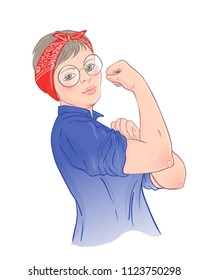 We can do it! Design inspired by classic vintage feminist poster.  Woman empowerment. Vector Illustration in cartoon style. Fat girl in glasses with her fist raised up. International women day.