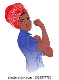 We can do it! Design inspired by classic feminist poster. Woman empowerment. Vector Illustration in cartoon style. African American girl with her fist raised up. International women day concept.