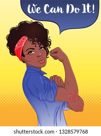 We Can Do It! Design Inspired By Classic Feminist Poster. Woman Empowerment. Vector Illustration In Cartoon Style. African American Girl With Her Fist Raised Up. International Women Day Concept.