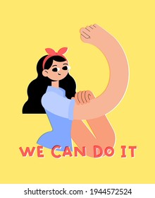 We can do it! The girl shows her strength in body and spirit. Women's Day - support feminism direction. Flat bright vector illustration.