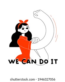 We can do it! The girl shows her strength in body and spirit. Women's Day - support feminism direction. Flat outline minimalism vector illustration.