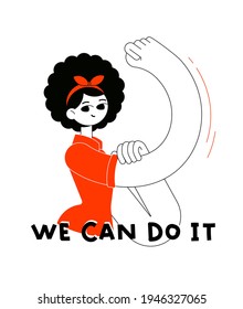 We can do it! The girl shows her strength in body and spirit. Women's Day - support feminism direction. Flat outline minimalism vector illustration.