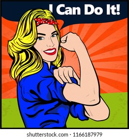 We Can Do It. Iconic woman's fist/symbol of female power and industry. Modern design inspired by classic American poster. Vector Illustration In Vintage Retro Pop Art Comic Style