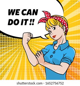 We Can Do It, Iconic Symbol of Strong Woman Confident Raise Arm or Fist, Flexing and Strong Symbol of Girl Power, Woman Rights, Feminism Concept Isolated on Retro Comic Style Banner or Poster Vector