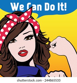 We Can Do It. Iconic woman's fist/symbol of female power and industry. cartoon woman with can do attitude.