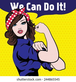 We Can Do It. Iconic woman's fist/symbol of female power and industry. cartoon woman with can do attitude.