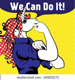 We Can Do It. Iconic woman's fist/symbol of horse power and industry. cartoon Horse with can do attitude.