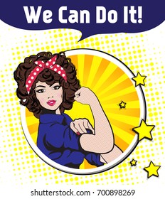 We Can Do It. Iconic woman's fist/symbol of female power and industry. cartoon woman with can do attitude.