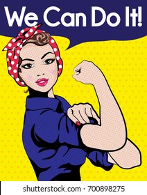 We Can Do It. Iconic woman's fist/symbol of female power and industry. cartoon woman with can do attitude.