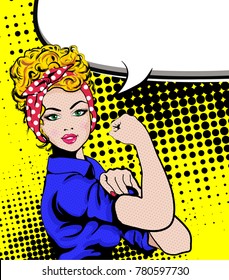 We Can Do It. Iconic woman's fist/symbol of female power and industry. cartoon woman with can do attitude.