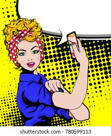 We Can Do It. Iconic woman's with phone. Symbol of female power and industry. cartoon woman with can do attitude.