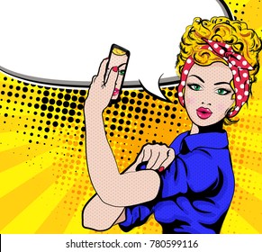 We Can Do It. Iconic woman's with phone. Symbol of female power and industry. cartoon woman with can do attitude.