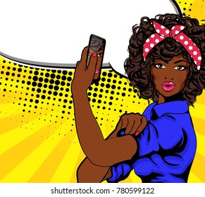 We Can Do It. Iconic woman's with phone. Symbol of female power and industry. cartoon woman with can do attitude.