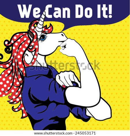 We Can Do It. Iconic woman's fist/symbol of horse power and industry. cartoon Horse with can do attitude.