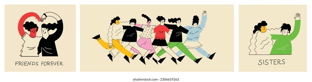 We can do it. International Womens Day. Vector illustration with women different nationalities and cultures. Struggle for freedom, independence, equality.