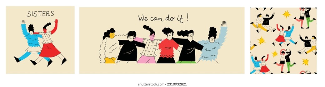 We can do it. International Womens Day. Vector illustration with women different nationalities and cultures. Struggle for freedom, independence, equality.
