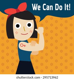 We can do it.
Modern design inspired by classic american poster.
Cartoon woman with can do attitude.
Symbol of female power and industry.