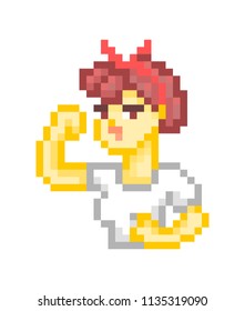 We Can Do It, Motivating Feminist Poster. Girl Doing Bicep Curl, Pixel Art Character Isolated On White Background.
Women's Rights Banner. International Women's Day (March 8) Mascot. Female Empowerment