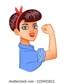 We Can Do It, Motivating Feminist Poster. Girl Doing Bicep Curl, Cartoon Character Isolated On White Background.
Women's Rights Banner. International Women's Day (March 8) Mascot. Female Empowerment.