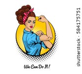We Can Do It. Pop art sexy strong girl in a circle on white background. Classical american symbol of female power, woman rights, protest, feminism. Vector colorful illustration in retro comic style.