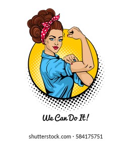 We Can Do It. Pop Art Sexy Strong Girl In A Circle On White Background. Classical American Symbol Of Female Power, Woman Rights, Protest, Feminism. Vector Colorful Illustration In Retro Comic Style.