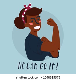 We Can Do "It" poster. Strong african american girl. Classical american symbol of female power, woman rights, protest, feminism Vector colorful hand drawn woman, retro comic style. Empowerment concept