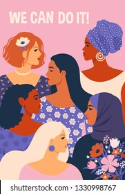 We can do it! Poster International Women's Day. Vector illustration with women different nationalities and cultures.