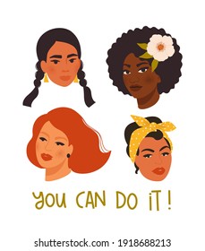 We can do it! Poster International Women's Day. Vector illustration with women different nationalities and cultures.