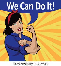 We Can Do It. Retro cartoon woman power and labor war effort design based on Rosie the Riveter. EPS10 vector.