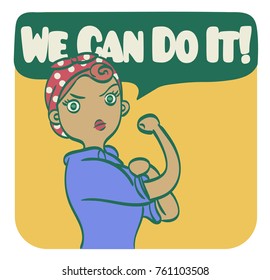 We Can Do It. Stylized vector iconic woman's fist symbol of female power and industry. cartoon woman with can do attitude. Isolated lineart eps 10