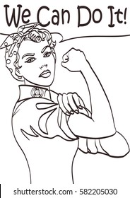 We Can Do It. Vector iconic woman's fist symbol of female power and industry. cartoon woman with can do attitude. Isolated lineart eps 10