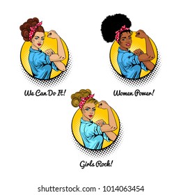 We Can Do It. Woman power. Girls rock. Pop art sexy strong girls on white background. Classical american symbol of female rights, protest, feminism. Vector set of objects in retro comic style.