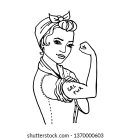 We Can Do It. Womens symbol of female power and industry. Doodle cartoon woman with grl pwr tattoo. isolated on white background