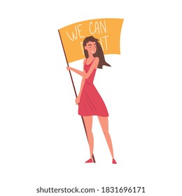 We Can Do It, Young Woman Holding Waving Flag, Empowerment Movement, International Women Day Vector Illustration