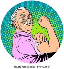 We Can Do It Old Man Retired Pop Art Avatar Character Round Icon. Retro Vector Illustration