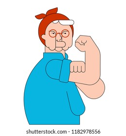 We can do it old woman symbol power female. pensioner lady showing fist isolated. Vector illustration 