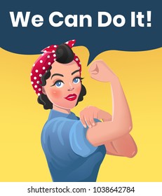 We Can Do It Poster Illustration. Vector Style Sexy Strong Brunette Girl. Classical American Symbol of Female Power, Solidarity, Human Rights, Protest, Feminism, Riot. Image in Retro Comic Style