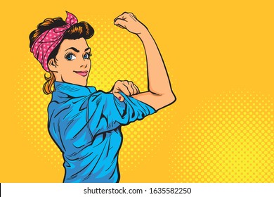 We Can Do It poster. Pop art sexy strong girl. Classical american symbol of female power