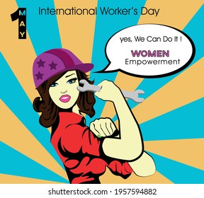  We Can Do It poster. Pop art sexy strong girl. female power, woman rights, protest, feminism. Vector colorful hand drawn background in retro comic style
