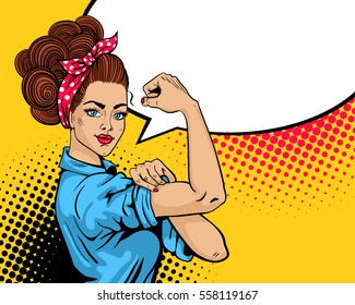 We Can Do It poster. Pop art sexy strong girl. Classical american symbol of female power, woman rights, protest, feminism. Vector colorful hand drawn background in retro comic style. Rosie the Riveter