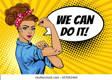 We Can Do It poster. Pop art sexy strong girl. Classical american symbol of female power, woman rights, protest, feminism. Vector colorful hand drawn background in retro comic style with speech bubble