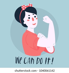 We Can Do It poster. Strong girl. Classical american symbol of female power, woman rights, protest, feminism. Vector colorful hand drawn woman in retro comic style. Empowerment concept