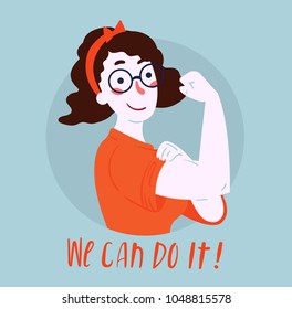 We Can Do It poster. Strong girl in eyeglasses. Classical american symbol of female power, woman rights, protest, feminism. Vector colorful hand drawn woman in retro comic style. Empowerment concept