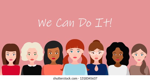 We Can Do It poster. Strong girl. Symbol of female power, woman rights, protest, feminism. Vector illustration