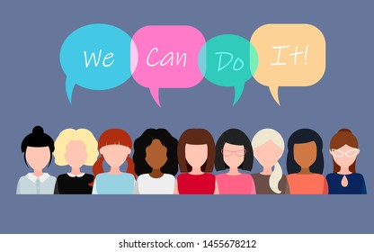 We Can Do It poster. Strong girl. Symbol of female power, woman rights, protest, feminism. Vector illustration. Group of women without a face.