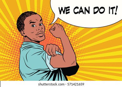 we can do it Protester black man African American. Vintage pop art retro illustration. The policy of ethnic tolerance. Human rights